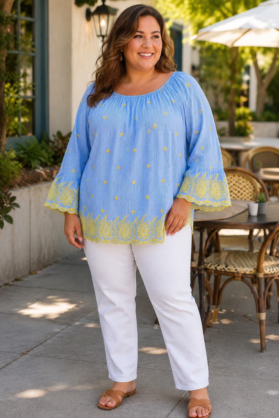 Ruby Rd 2X Blue White Pinstripe Blouse Yellow Embroidered Eyelet Bell Sleeve